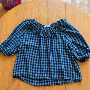 Black and Blue Checkered Peasant Blouse